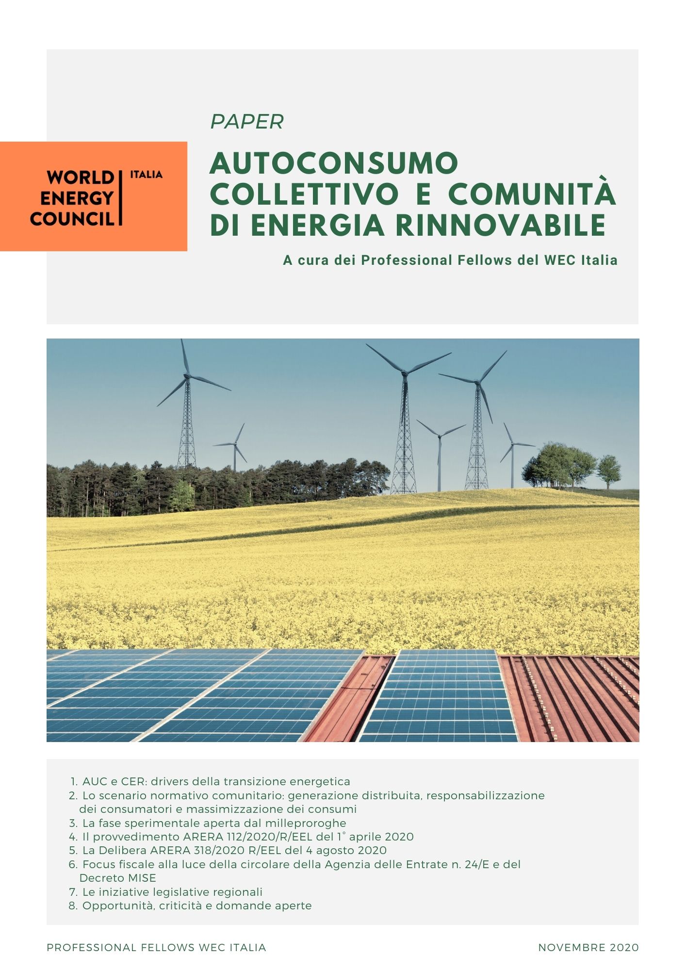Paper "Autoconsumo collettivo e comunit&agrave; di energia rinnovabile", a cura dei Professional Fellows WEC Italia
